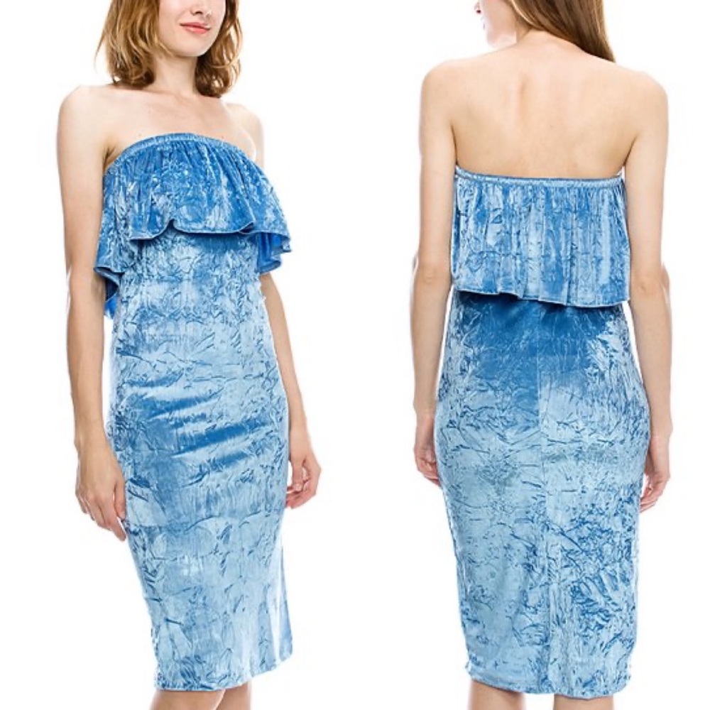 Mono B Blue Strapless Flounce Velvet Bodycon Dress - Picture 1 of 10